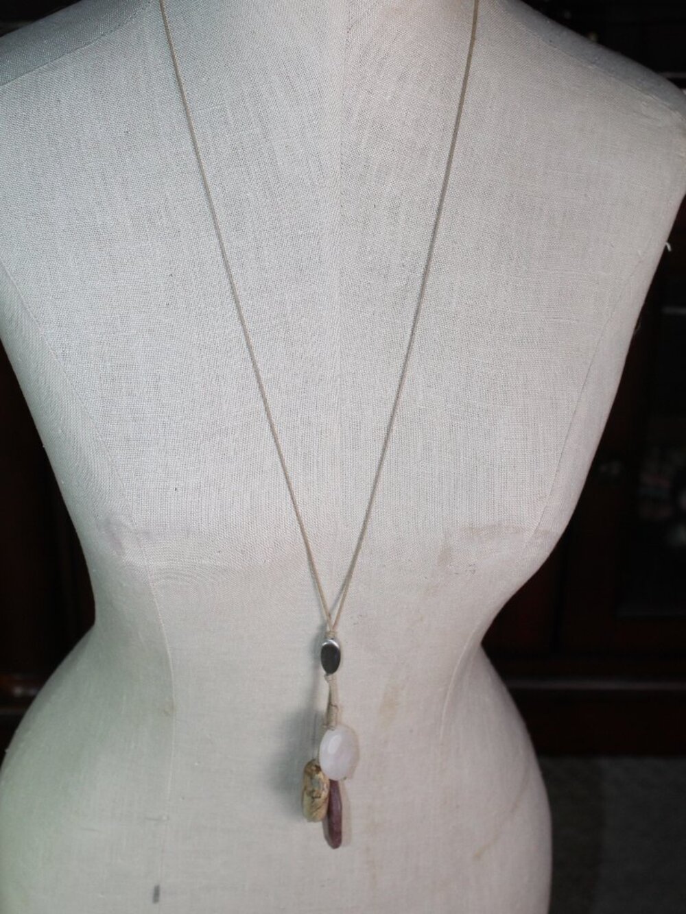 Boho Large Cream White Pink Beads 32" Adjustable Cord Necklace